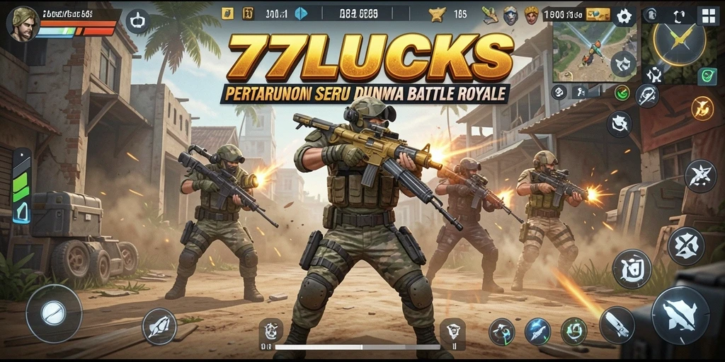 Screenshot utama 77LUCKS menampilkan momen aksi intens dalam Battle Royale.