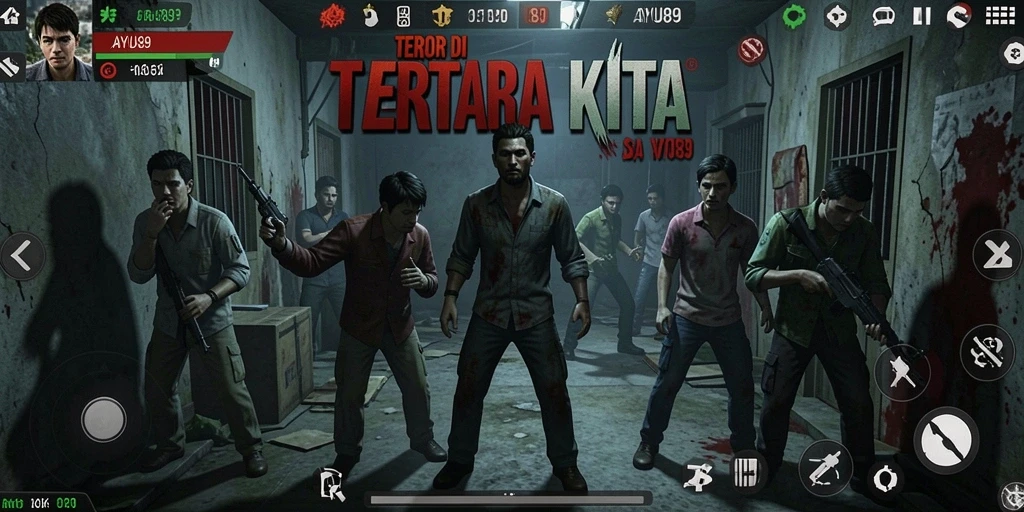Screenshot gameplay AYU89 dengan suasana mencekam dan karakter utama yang terpojok.