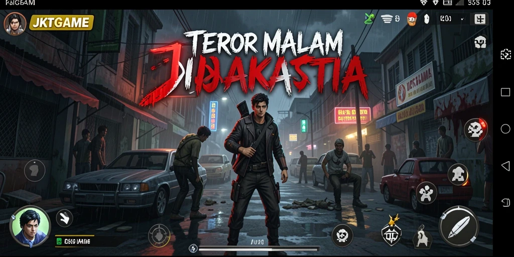 Tampilan gameplay menegangkan dari JKTGAME dengan suasana kegelapan.