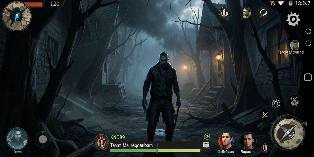Screenshot KNO89 menampilkan momen menegangkan karakter di hadapan makhluk menakutkan.