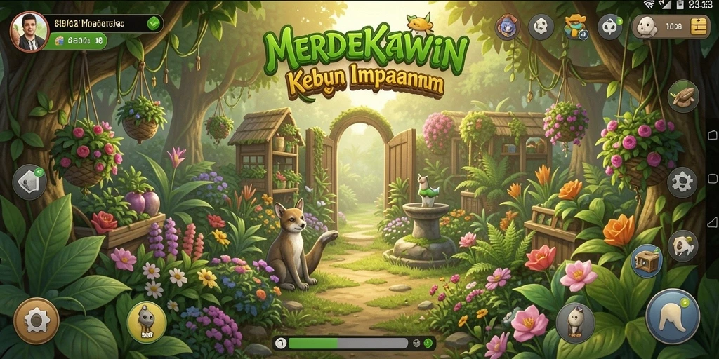 Tampilan gameplay menarik MERDEKAWIN dengan kebun yang subur.