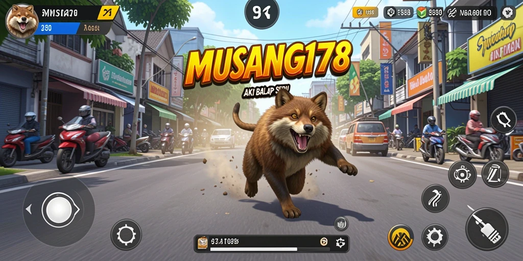 Screenshot utama MUSANG178 menampilkan balapan mendebarkan di lintasan urban.
