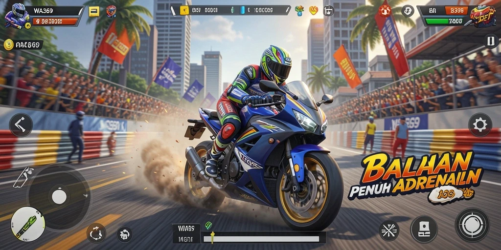 Tampilan gameplay menegangkan dalam balapan motor cepat.