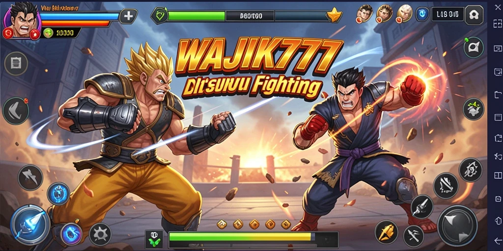Tampilan gameplay seru dengan karakter bertarung di arena.